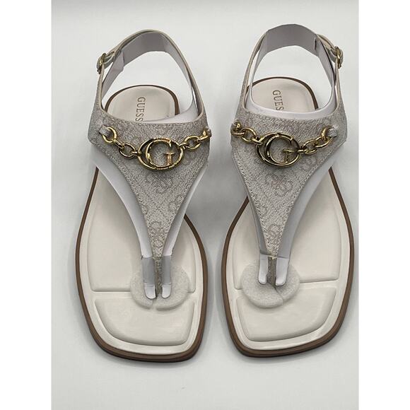 GUESS WOMENS RISSY T STRAP LOGO GOLD HARDWARE SANDAL IVORY SIZE 11M - Picture 4 of 12
